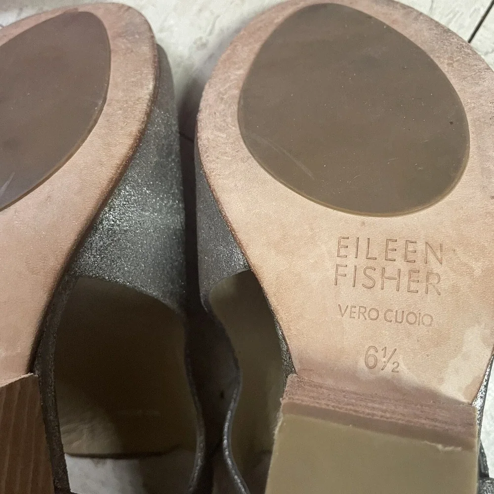 EILEEN FISHER Iris Metallic Leather Ankle Strap Block Heel Sandals Womens Sz 6.5